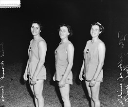 Olympic Gymnastics Team Curl-Selbach-Heil. Huiberdina Curl, Tootje or Toetie Selbach and Truida Heil-Bonnet. Date: July 6, 1952
