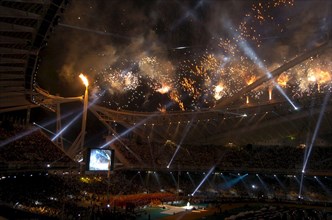 Athens, Greece 17SEP04: Fireworks mark the lighting of the Paralympic flame caldron during opening ceremony at the Athens Paralympics. ©Bob Daemmrich