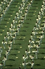 Seoul Korea 1988: Hundreds of athletes perform a martial arts demonstration during the opening ceremonies of the Olympic Summer Games. ©Bob Daemmrich