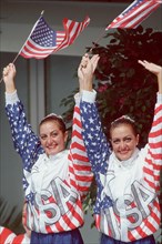 Barcelona, Spain, 1992:  Sarah & Karen Josephson, synchronized swimming gold medal winners from the United States. ©Bob Daemmrich