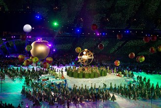 London England, August 29 2012: Giant apples float above the stadium floor during the Opening Ceremonies of the 2012 London Paralympic Games. ©Bob Daemmrich