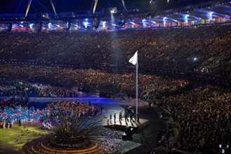 London England, August 29 2012: A sellout crowd at Olympic Stadium watches the spectacle of the Opening Ceremonies of the 2012 London Paralympic Games.  ©Bob Daemmrich