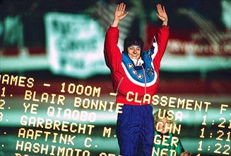 Bonnie Blair (USA) wins the gold medal in the women's 1000m long track speed skating at the 1992 Olympic Winter Games
