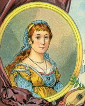 Old color lithography portrait of Clemence Isaure (1463-1513) Legendary medieval woman, founder of the Acadèmia dels Jòcs Florals or Academy of Floral Games. Member of the Yzalguier family from Toulou...