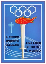 1960 ROME SUMMER OLYMPICS vintage sports poster - Il Centro Sportivo Italiano Agli Atleti Di Tutto Il Mondo / The Italian Sports Centre To Athletes From All Over the World - featuring a flaming torch ...