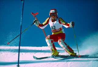 Sarah Lewis (GBR) competing in the women's slalom run 1 at the 1988 Olympic  Winter Games