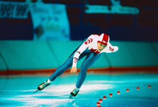 Marie-Pierre Lamarche (CAN) competing in the Women's 1000m speed skating at the 1988 Olympic Winter Games