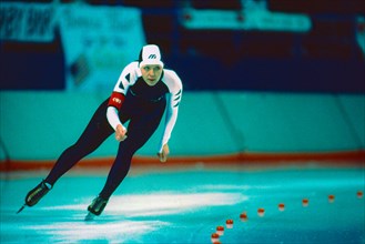 Yelena Ilyina (URS) competing in the Women's 1000m speed skating at the 1988 Olympic Winter Games