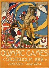 A vintage travel poster for the Stockholm Olympic Games in Sweden in 1912
