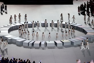 Tokyo, Japan, 23 July, 2021. Performers stand during the Opening Ceremony of the Tokyo 2020 Olympic Games . Credit: Pete Dovgan/Speed Media/Alamy Live News