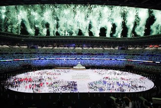 Tokyo, Japan, 23 July, 2021. The athletes stand as the fireworks go off during the Opening Ceremony of the Tokyo 2020 Olympic Games . Credit: Pete Dovgan/Speed Media/Alamy Live News