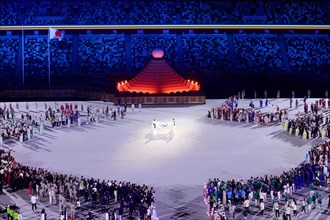 Tokyo, Japan, 23 July, 2021. The Olympic flag is carried into the stadium during the Opening Ceremony of the Tokyo 2020 Olympic Games . Credit: Pete Dovgan/Speed Media/Alamy Live News