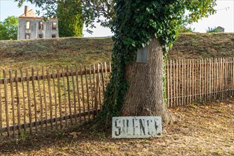 Europe, France, Haute-Vienne, Oradour-sur-Glane. Sign saying 'Silence' in the martyr village of Oradour-sur-Glane Editorial Use Only