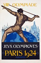 Summer Olympics Games poster - VIIIe Olympiade JEVX OLYMPQVES - Paris Olympics 1924 poster. Man throwing a spear.