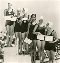 American Olympic women swimming team, from left: Ann Elizabeth Curtis, Marie Louise Corriden, Brenda Helser, Thelma Kalama, Jacqueline Lavine, and Mary Patricia Healy, USA 1948