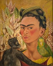 Frida Kahlo self portrait with Monkey and Parrot 1942 oil on masonite in MALBA museum, Buenos Aires, Argentina