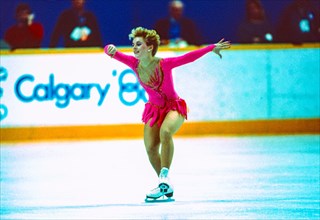 Elizabeth Manley (CAN) competing in the short program of the Women's figure skating at the 1988 Olympic Winter Games