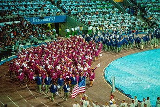 Team USA marches in the opening ceremonies at the 1992 Olympic Summer Games.