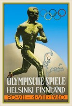 Helsinki Olympic Games 1940. Games and poster cancelled due to impending World War II Poster by Ilmari Sysimetsä  Sculpture is of the famous Finnish runner Paavo Nurmi, with 9 gold and 3 silver Olympi...