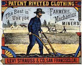1899 , USA : The advertising for the " Patent Riveted Clothing "celebrated fashion LEVI's JEANS Denim Pants . Founded by the USA german-born industrial BLUE JEANS denim creator LEVI STRAUSS ( Löb Stra...