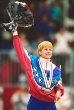 Cathy Turner (USA) wins the gold medal in the Women's 500m in Short Track Speeed Skating at the 1992 Olympic Winter Games.
