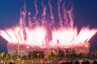 Fireworks on the Birds Nest National Stadium during the opening ceremony of the 2008 Olympic Games, Beijing, China, Asia