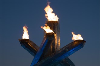 Olympic Cauldron and Olympic Flame, Vancouver 2010. Photographed on a clear, blue-sky morning.