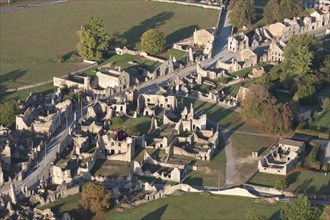 AERIAL VIEW. Site of a WWII massacre; German soldiers killed all 642 inhabitants, including children. Oradour-sur-Glane, Nouvelle-Aquitaine, France