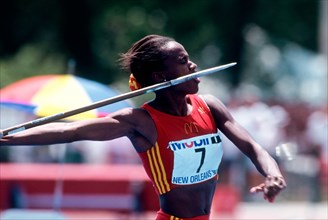 Jackie Joyner Kersee competing in the javelin event of the heptathlon at the 1992 US Olympic Track and Field Trials.