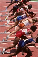 Start of a women's sprint race at the 1984 US Olympic Track and Field Trials.