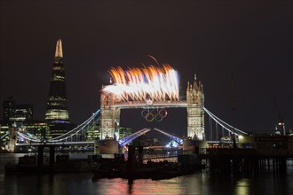 Tower Bridge fireworks and light display to mark the opening of the 2012 London Olympic Games.