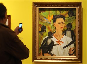 A visitor takes a picture of the painting 'Portrait with Apes' by Frida Kahlo in a retrospective in the Martin-Gropius-Bau in Berlin, Germany, 29 April 2010. The largest exhibition ever about Mexican ...