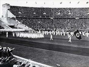 Aug. 1, 1936 - Berlin, Germany - On the opening day of the 1936 Berlin Olympic Games, the German team walks past the reviewing stand. (Credit Image: © KEYSTONE Pictures USA/ZUMAPRESS.com)