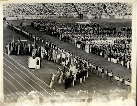 Nov. 26, 1956 - Opening Of The Melbourne Olympic Games. John Landy Takes The Oath. Photo shows General view as flagbearers dip their flags as John Landy of Australia - takes the oath - at the opening ...