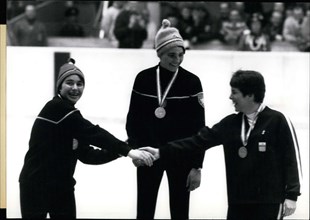 Feb. 02, 1964 - Olympic Games at Innsbruck. Women's Slalom. Gold and Silver for France. Pictured here are gold medal winner Christine Goitschel, silver medalists Marielle Goitschel(who happens to be h...