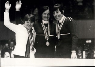 Feb. 12, 1968 - Here are the three Winter Olympic Skiing Champions after the award ceremony (pictured from left to right): Isabelle Mir (France), Silver Medal; Olga Pall (Austria), Gold Medal; and Chr...