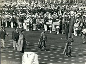 Aug. 08, 1972 - Olympic games have opened in Munich : Photo shows Mongolian team caring the national flag parading on the Olympic stadium during the opening ceremony.