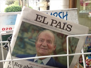 London UK. 3rd June 2014. Spanish newspaper El Pais  with a front page showing King Juan Carlos of Spain who has renounced the throne after 39 years and will be succeeded by his son Prince Felipe of S...
