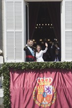 Madrid, Spain. 19th June, 2014. On June 19 he was crowned as the new king of Spain, Prince Felipe VI. After the abdication of Juan Carlos I of Spain his son succeeds to the Spanish crown. Crowd of cit...
