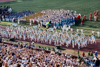 Team Brazil marching in the Opening ceremonies at the 1984 Olympic Summer Games,Los Angeles, CA, USA