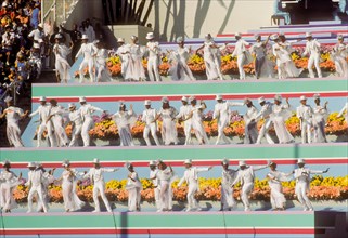 Musical performances during Opening Ceremonies at L.A. Memorial Coliseum during 1984 Olympic Games in Los Angeles.