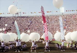 On-field festivities during Opening Ceremonies at L.A. Memorial Coliseum during 1984 Olympic Games in Los Angeles.