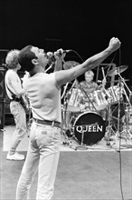 British Rock group Queen rehearsing at the Shaw Theatre in Euston ahead of the Live Aid concert at Wembley. 10th July 1985.. Singer Freddie Mercury.