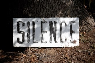 A Silence sign at the Oradour-Sur-Glane massacre memorial site in the Haute-Vienne region of France