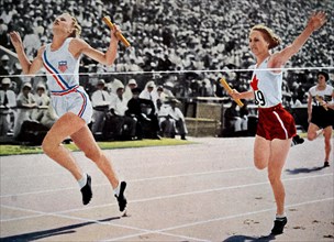The women's 4 x 100 metres relay event at the 1932 Olympic games.  Gold went to the USA's Mary Carew, Evelyn Furtsch, Annette Rogers & Billie von Bremen. Silver to Canada's Mildred Fizzell, Lillian Pa...