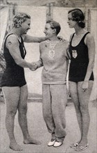 Photograph of Georgia Coleman (1912 - 1940), Katherine Rawls and Jane Fauntz (1910 - 1989) a the 1932 Olympic games.