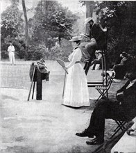 . English: A. Gillou (maybe Kate Gillou?), French contestant, at the 1900 Olympic games Tennis tournament, at the Tennis court Cercles des Sports de l'Ile de Puteaux, Paris. Cover page of magazine La ...