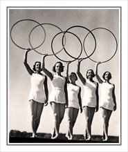 1936 Olympic Games, Berlin, Germany The Olympic Rings held aloft by five young sportswomen 1936 SUMMER OLYMPICS, BERLIN,  photo card showing blond aryan dancers with the Olympic rings, BERLIN Olympic ...
