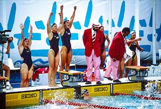 Team USA women's 4x100m relay team celebrate winning the gold medal and breaking the world record at the 1992 Olympics Summer Games in Barcelona Spain. L-R Angel Martino, Nicole Haislett, Dara Torres,...