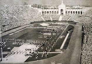 The 1932 Los Angeles Olympic opening ceremony held in the Olympic Stadium. 100,000 spectators and 2000 athletes from 50 nations. Dated 20th Century
